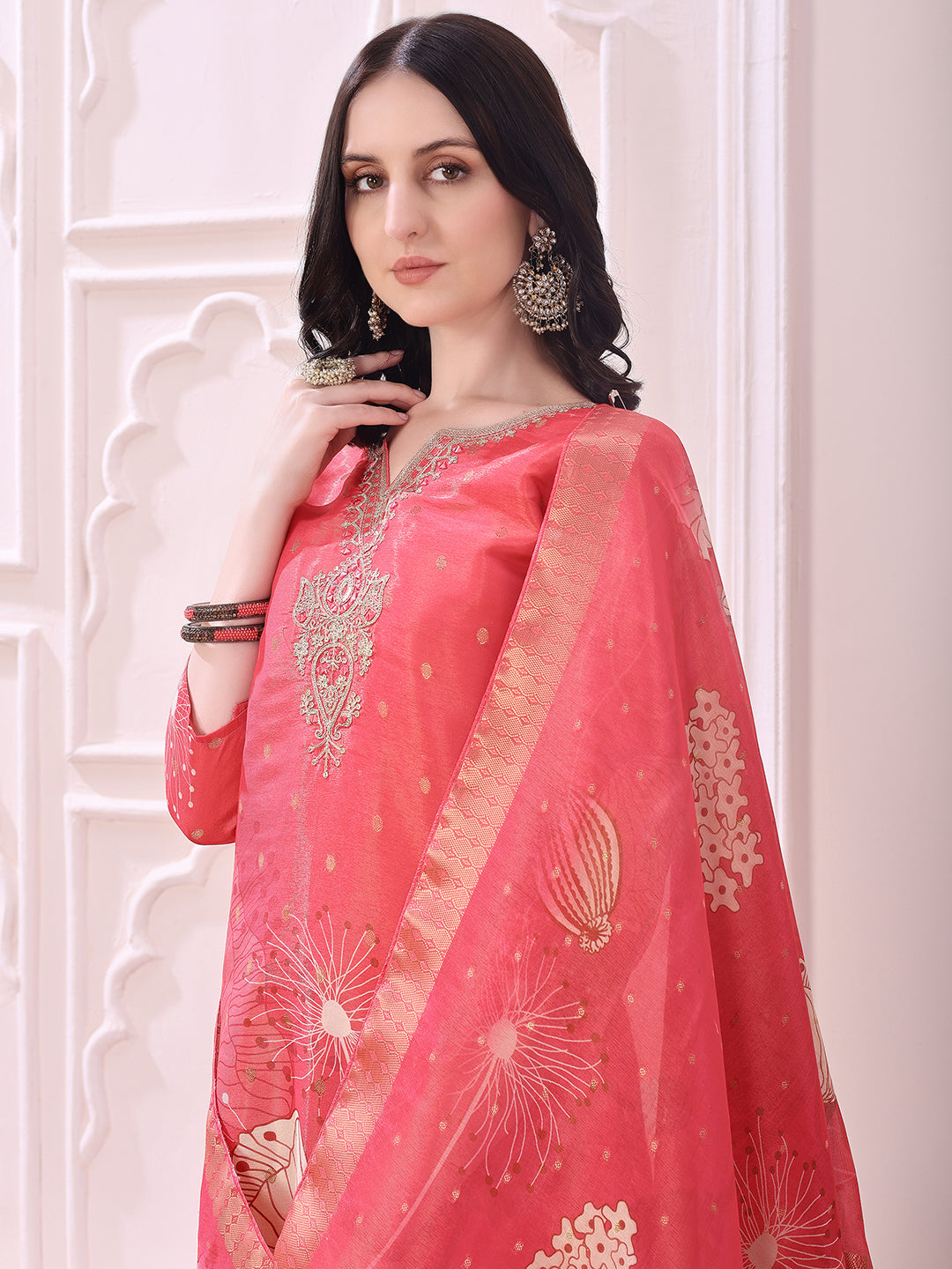Embroidered Yoke & Floral Printed Kurta With Coordinated Dupatta And Pant Set, Coral - Hiral Fashion | Grocsy