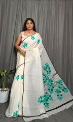 Exclusive Collection Beautiful White Green Pure Cotton Hand Print Handloom Saree With Running Blouse Piece | Grocsy