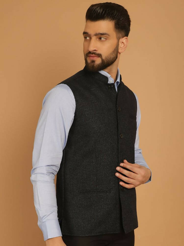Even Apparels Pure Wool Nehru Jacket - Blue | Grocsy