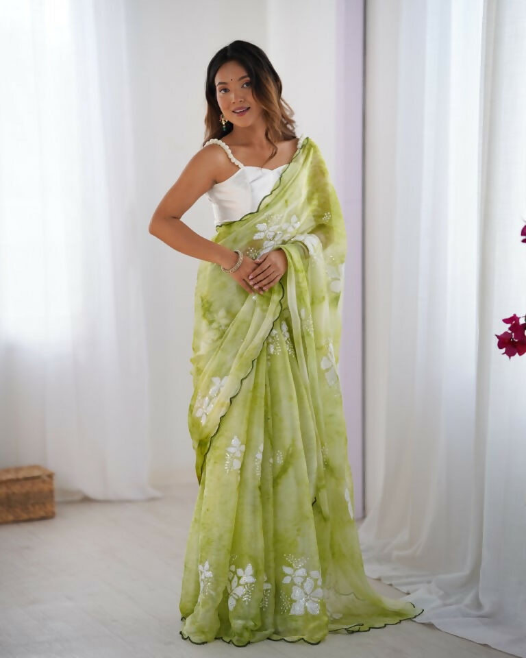 Green Jimmy Choo Printed, Sequence Embroidery Work Saree - Saima | Grocsy