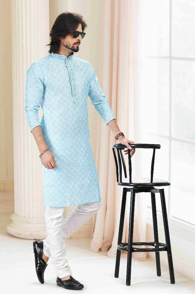 Raivat Ethnic Cotton Thread Work Kurta Pajama In Sky Blue Colour | Grocsy