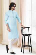 Raivat Ethnic Cotton Thread Work Kurta Pajama In Sky Blue Colour | Grocsy