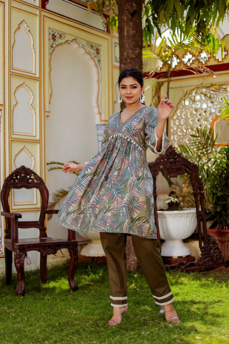 Vaasva Women Olive Green Muslin Floral Print Alia cut Kurta & Pant (Cord set) | Grocsy
