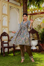 Vaasva Women Olive Green Muslin Floral Print Alia cut Kurta & Pant (Cord set) | Grocsy