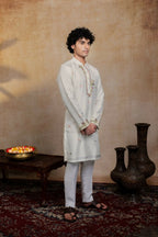 Falling Raw Silk Off White Geometric Symphony Kurta Set By Hilo Design | Grocsy