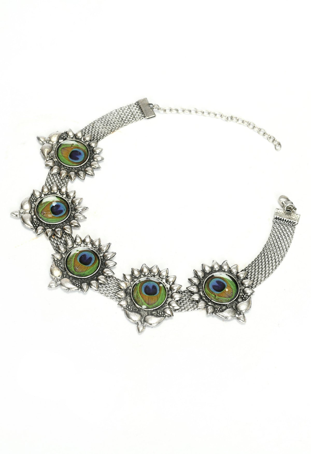 Mominos Fashion Johar Kamal Oxidised Silver-Plated Peacock Wings Work Necklace Handicraft | Grocsy