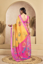 Vastranavya Mustard Digital Printed Linen Ready To Wear Designer Saree with Unstitched Blouse | Grocsy