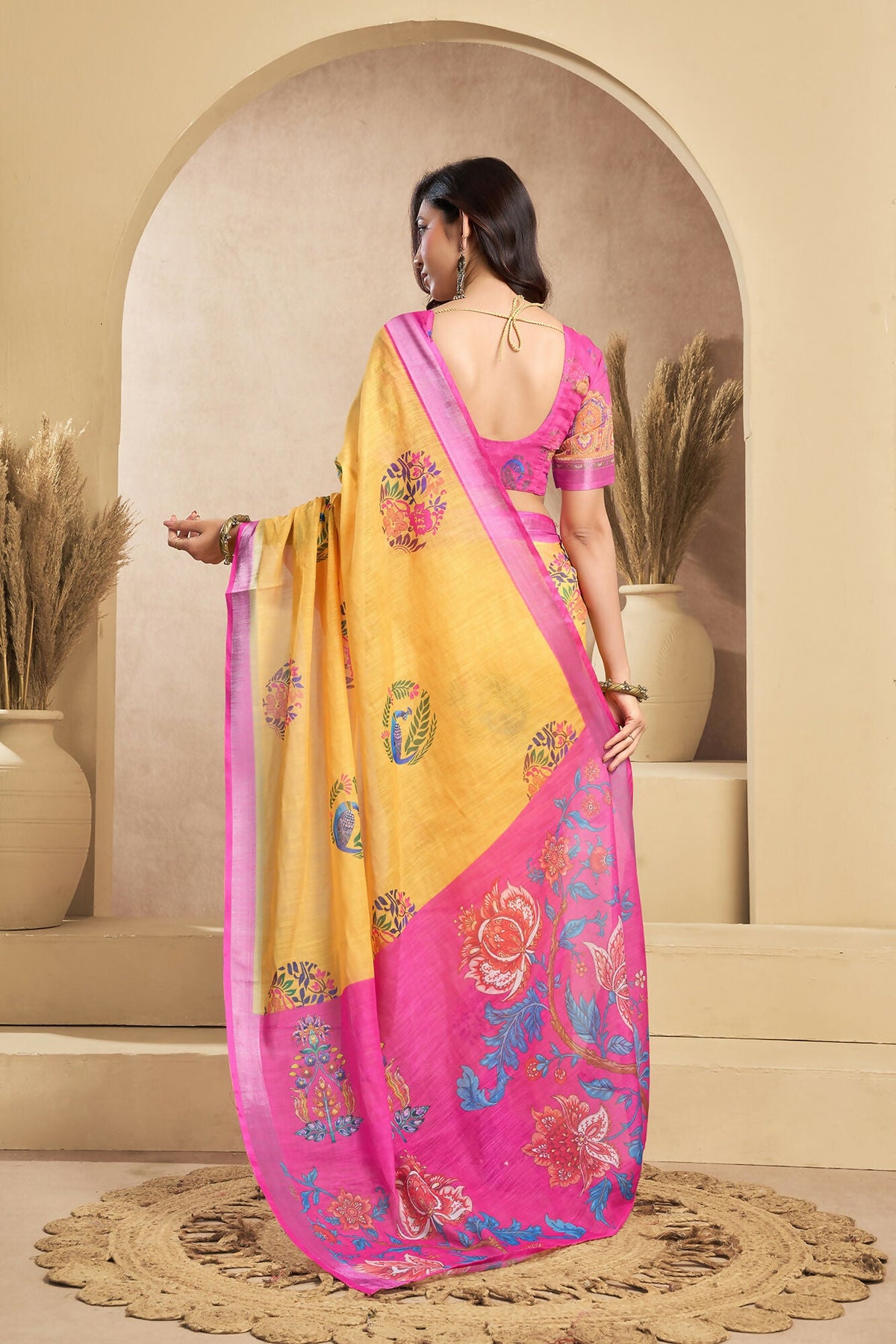 Vastranavya Mustard Digital Printed Linen Ready To Wear Designer Saree with Unstitched Blouse | Grocsy
