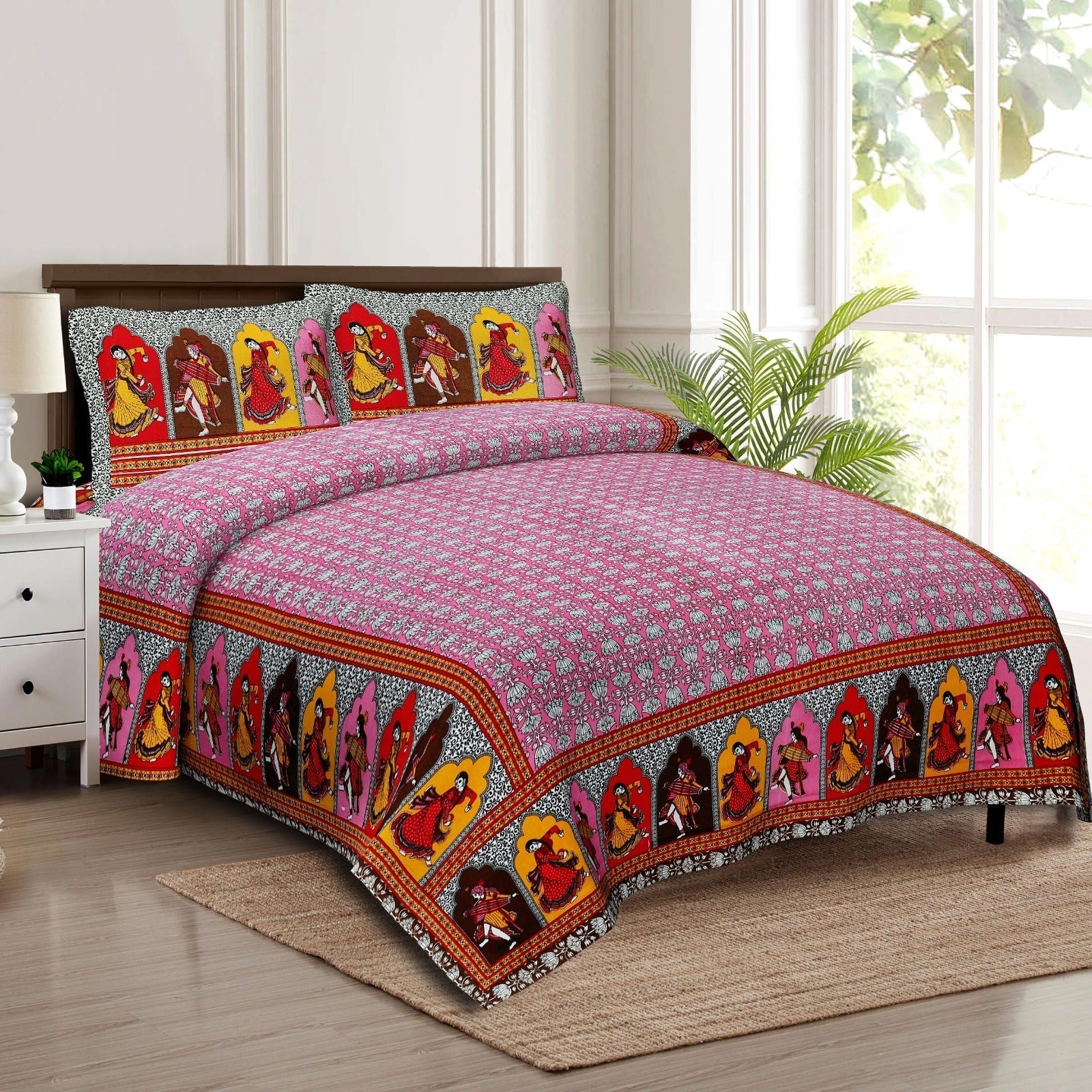Rudra Bazaar Multicolour 210 TC Cotton Double King Bedsheet With 2 Pillow Covers | Grocsy