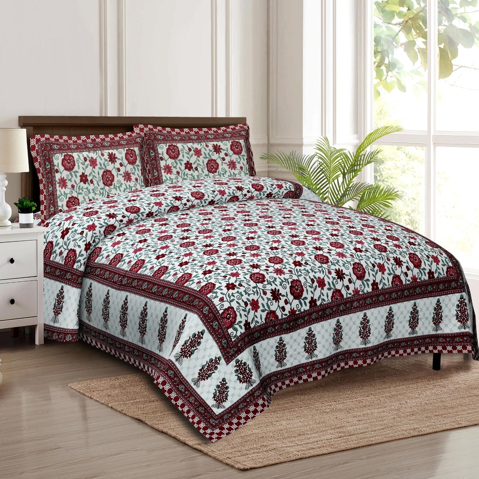 Rudra Bazaar Multicolour 210 TC Cotton Double King Bedsheet With 2 Pillow Covers | Grocsy