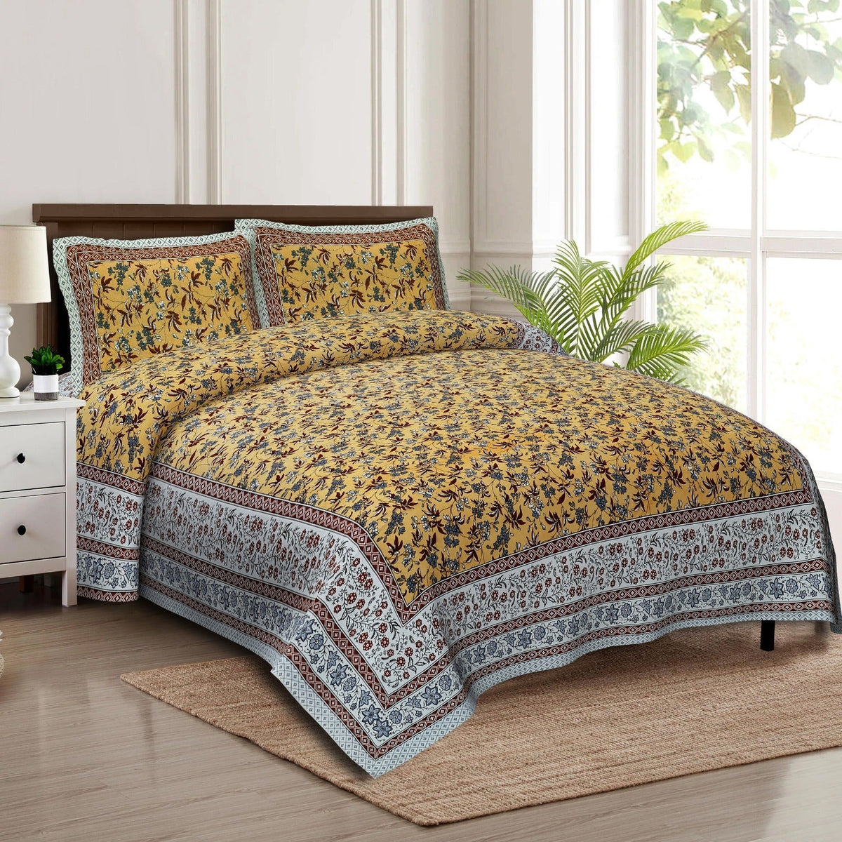 Rudra Bazaar Multicolour 210 TC Cotton Double King Bedsheet With 2 Pillow Covers | Grocsy