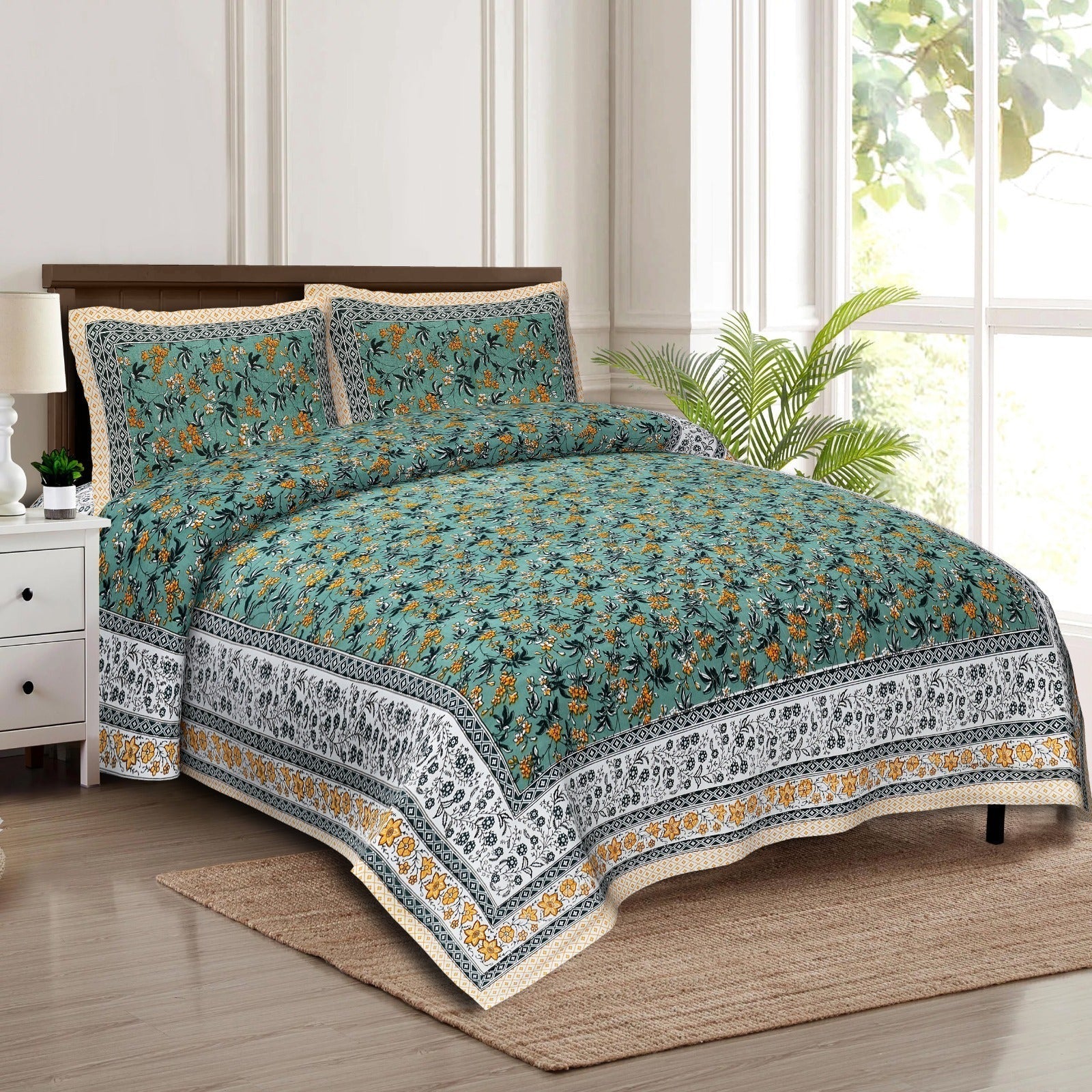 Rudra Bazaar Multicolour 210 TC Cotton Double King Bedsheet With 2 Pillow Covers | Grocsy
