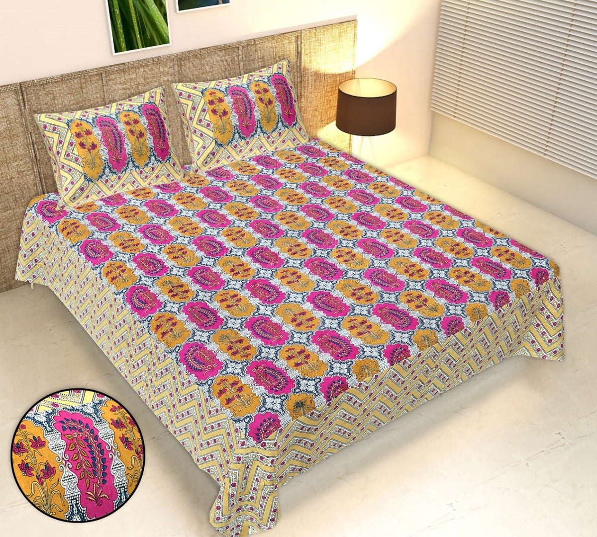 Rudra Bazaar Multicolour 210 TC Cotton Double King Bedsheet With 2 Pillow Covers | Grocsy