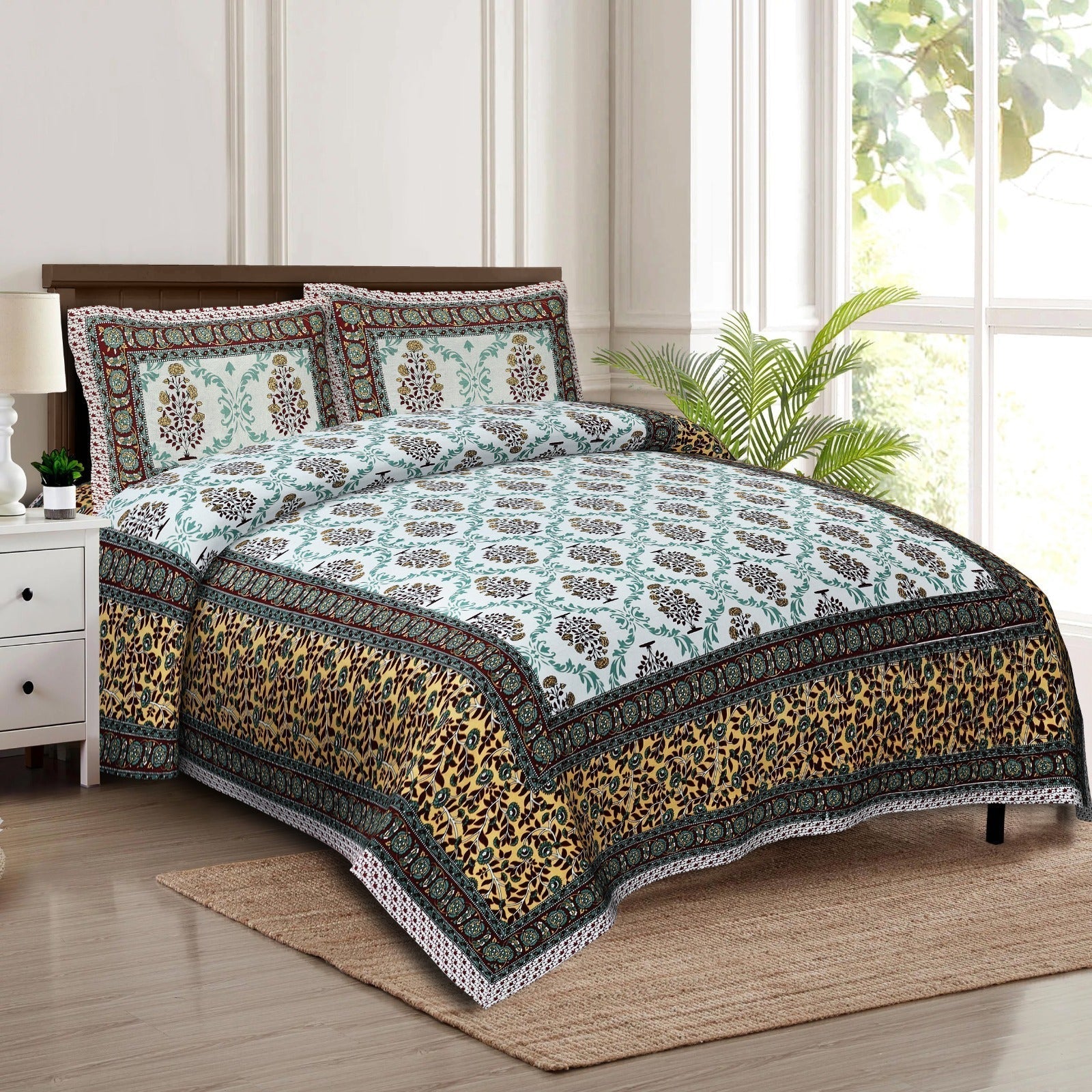 Rudra Bazaar Multicolour 210 TC Cotton Double King Bedsheet With 2 Pillow Covers | Grocsy
