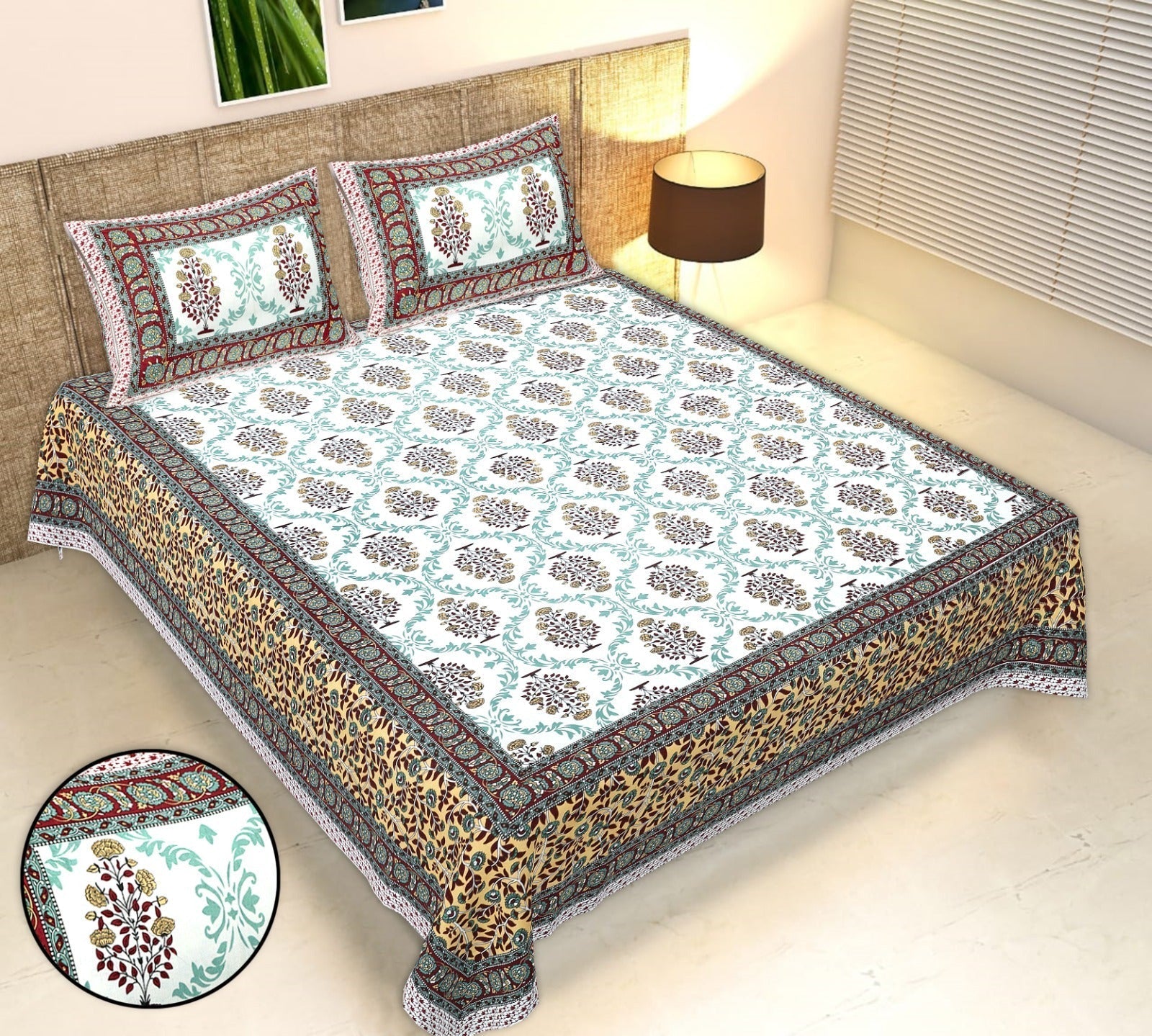 Rudra Bazaar Multicolour 210 TC Cotton Double King Bedsheet With 2 Pillow Covers | Grocsy