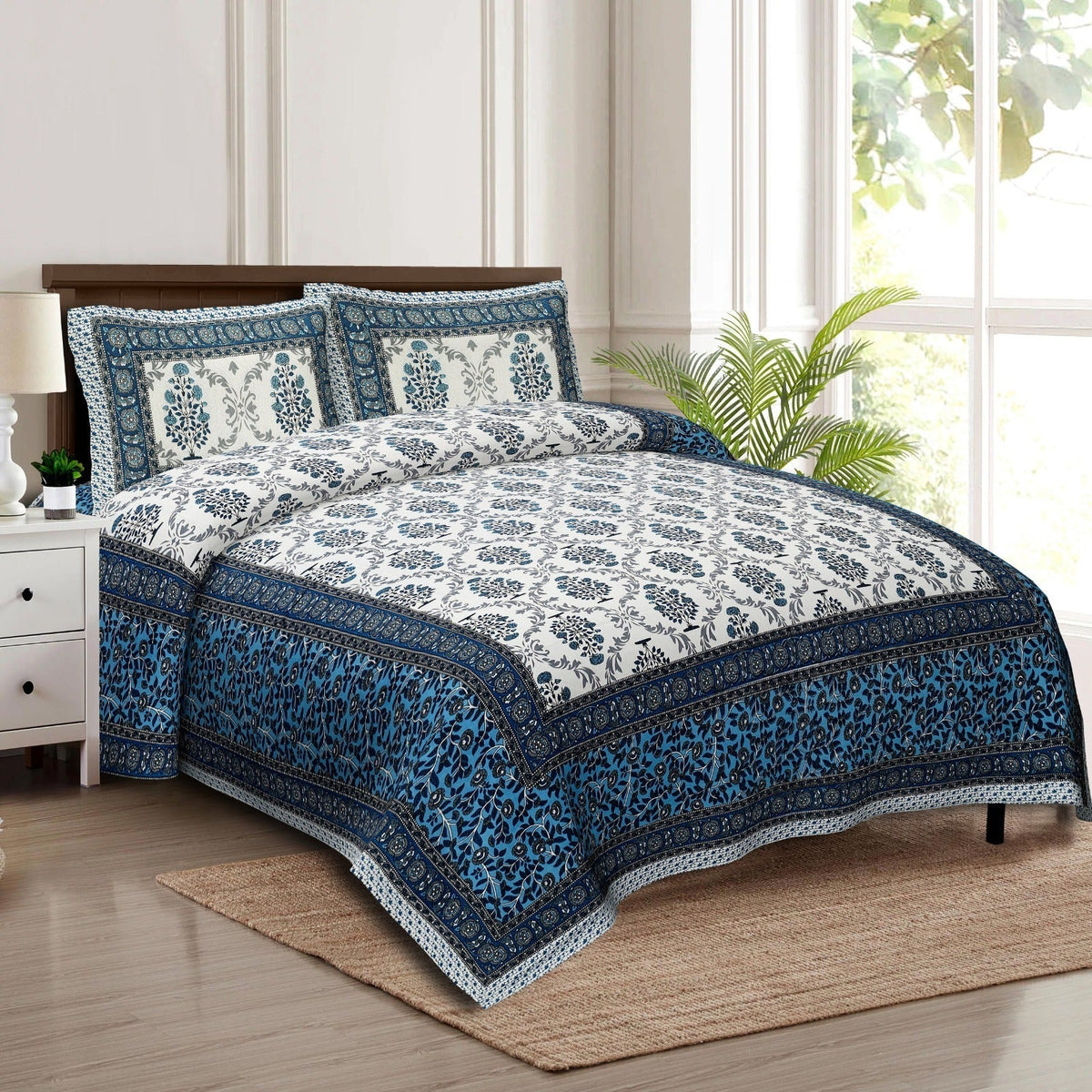 Rudra Bazaar Multicolour 210 TC Cotton Double King Bedsheet With 2 Pillow Covers | Grocsy