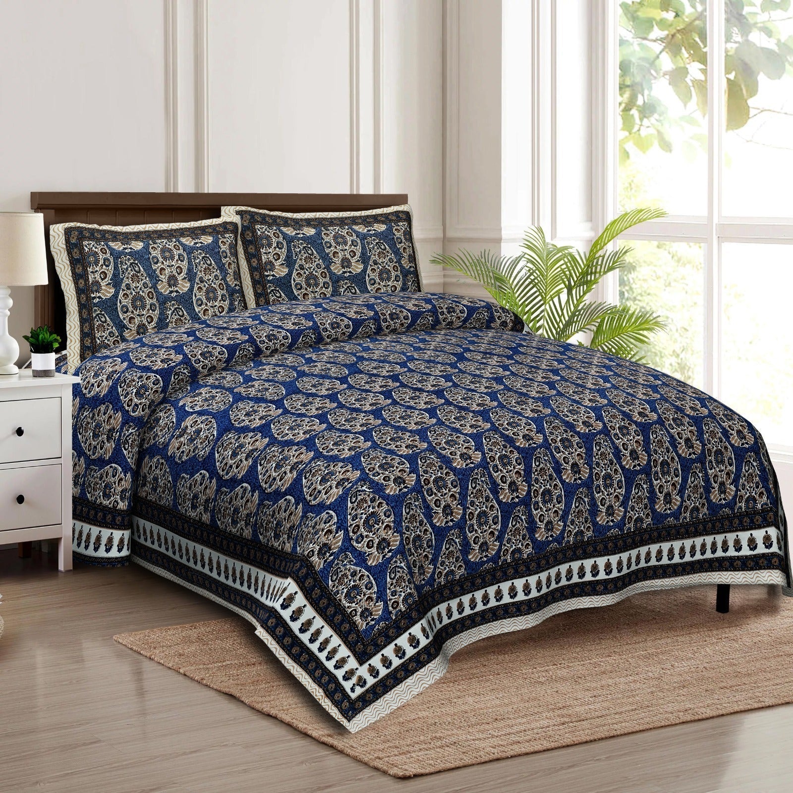 Rudra Bazaar Multicolour 210 TC Cotton Double King Bedsheet With 2 Pillow Covers | Grocsy