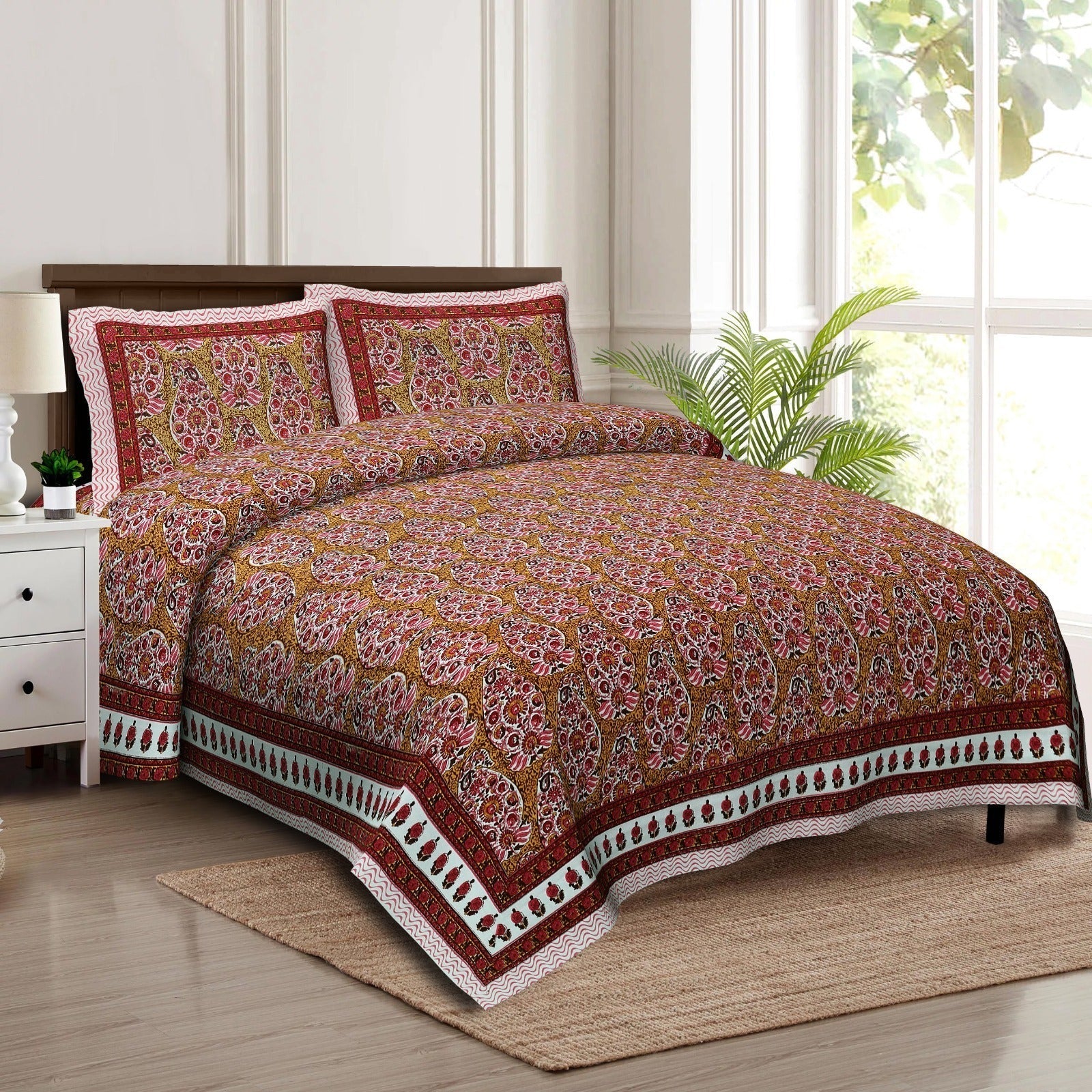 Rudra Bazaar Multicolour 210 TC Cotton Double King Bedsheet With 2 Pillow Covers | Grocsy