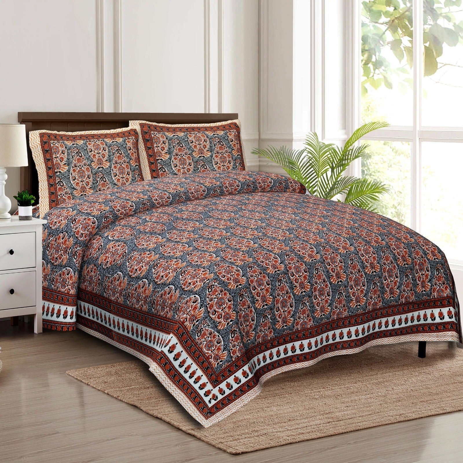 Rudra Bazaar Multicolour 210 TC Cotton Double King Bedsheet With 2 Pillow Covers | Grocsy