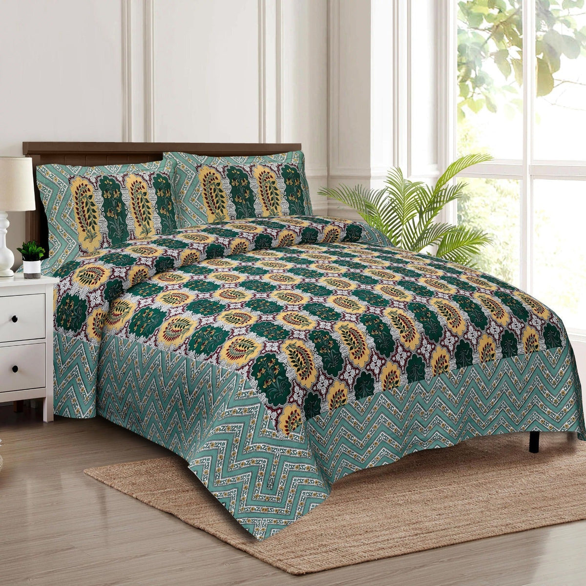 Rudra Bazaar Multicolour 210 TC Cotton Double King Bedsheet With 2 Pillow Covers | Grocsy