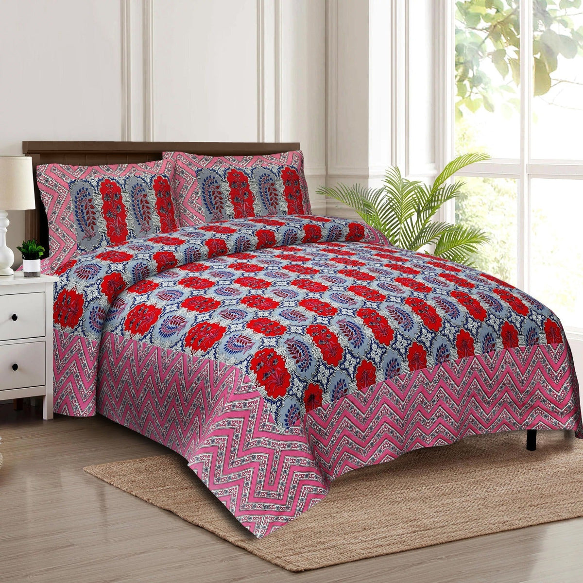 Rudra Bazaar Multicolour 210 TC Cotton Double King Bedsheet With 2 Pillow Covers | Grocsy