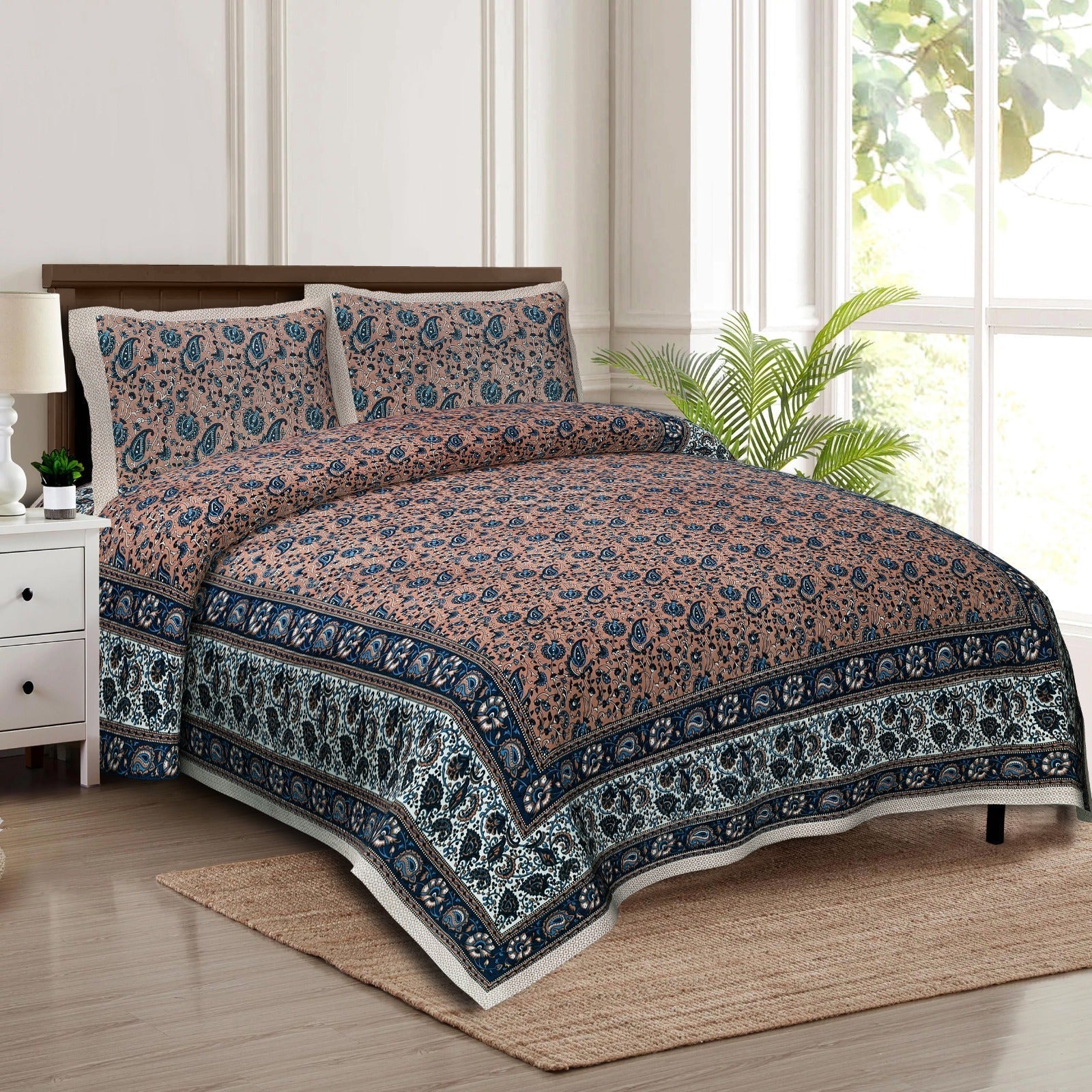 Rudra Bazaar Multicolour 210 TC Cotton Double King Bedsheet With 2 Pillow Covers | Grocsy