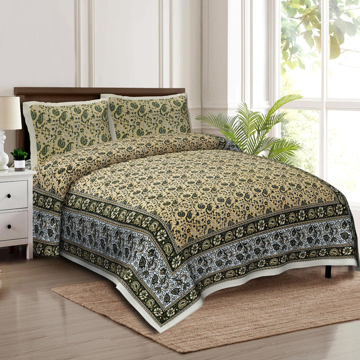 Rudra Bazaar Multicolour 210 TC Cotton Double King Bedsheet With 2 Pillow Covers | Grocsy