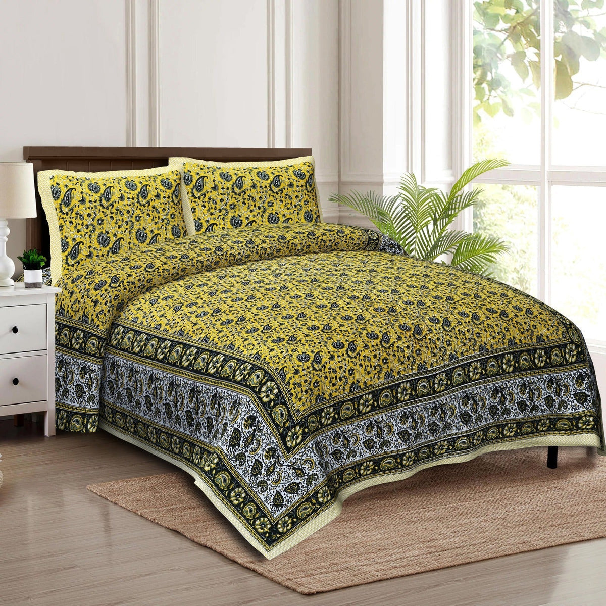 Rudra Bazaar Multicolour 210 TC Cotton Double King Bedsheet With 2 Pillow Covers | Grocsy