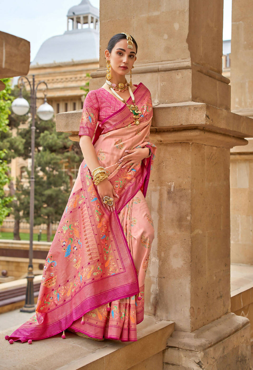 Bittersweet Peach Superior V.P.Silk Woven Printed Patola Silk Saree - Rewaa Milano | Grocsy