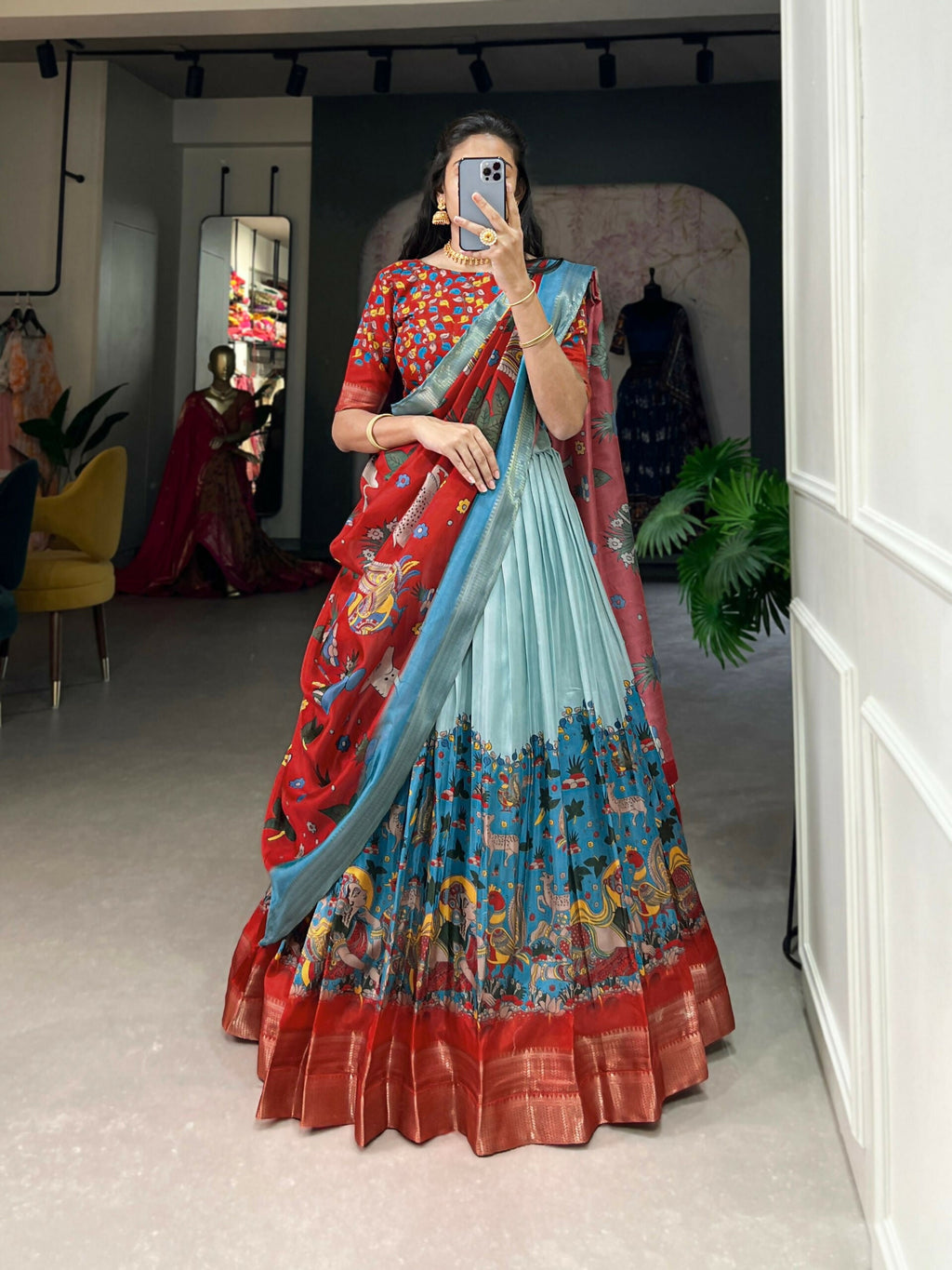Vastranavya Kalamkari Print With Weaving Border Lehenga with Unstitched Blouse - Sky Blue | Grocsy