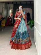 Vastranavya Kalamkari Print With Weaving Border Lehenga with Unstitched Blouse - Sky Blue | Grocsy