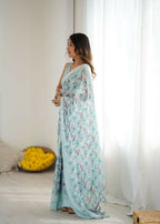 PR Fashion Sky_Blue Bright Moss Satin Patta Printed Saree | Grocsy