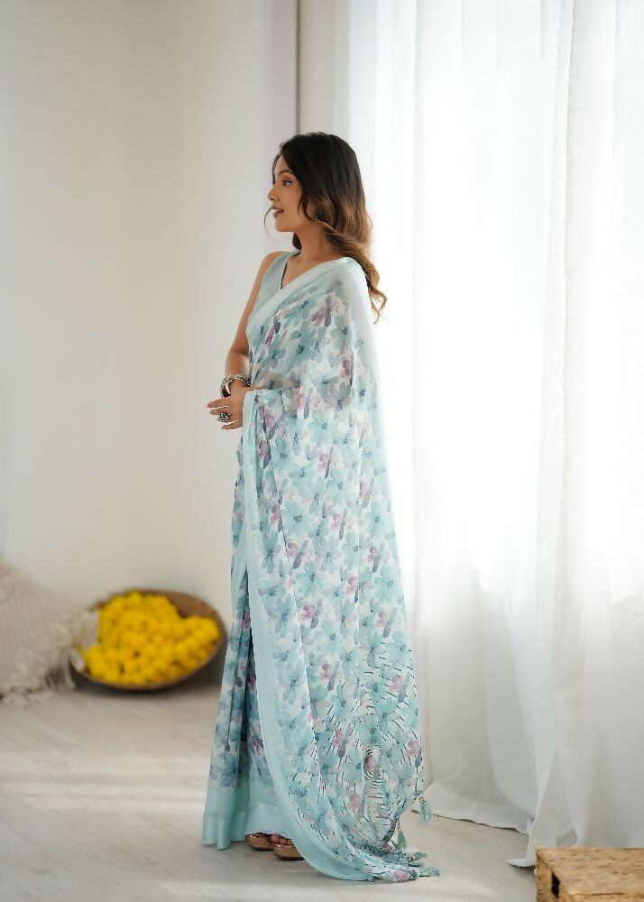 PR Fashion Sky_Blue Bright Moss Satin Patta Printed Saree | Grocsy