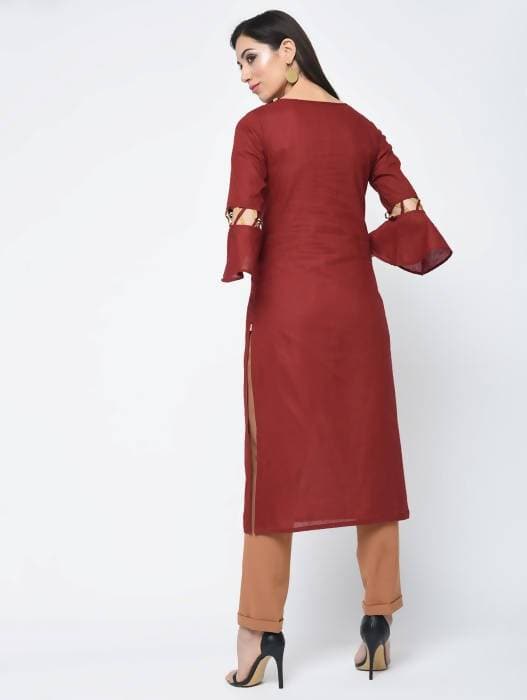 Aniyah Cotton Criss Cross Bell Sleeves Straight Kurta In Maroon (AN-101B) | Grocsy