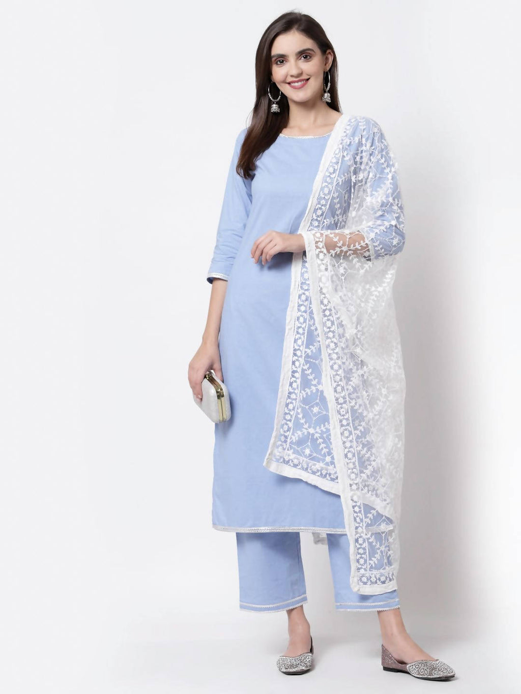 Myshka Blue Cotton 3/4 Sleeve Round Neck Solid Casual Kurta Pant Dupatta Set | Grocsy