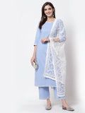 Myshka Blue Cotton 3/4 Sleeve Round Neck Solid Casual Kurta Pant Dupatta Set | Grocsy