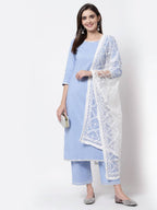 Myshka Blue Cotton 3/4 Sleeve Round Neck Solid Casual Kurta Pant Dupatta Set | Grocsy