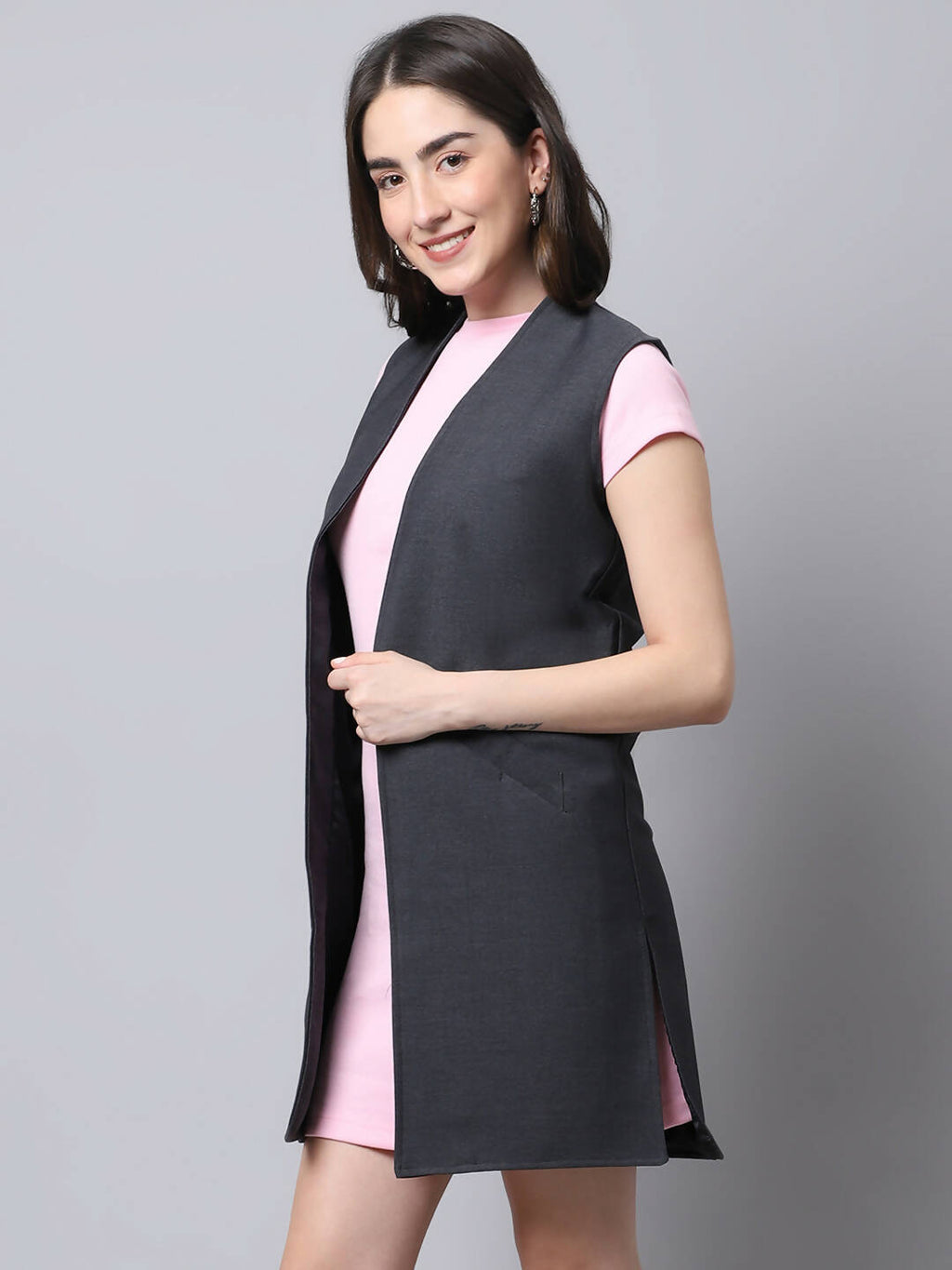 Even Apparels Grey Polywool Open Front Women's Long Coat | Grocsy