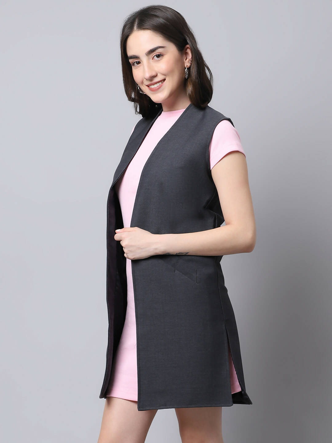 Even Apparels Grey Polywool Open Front Women's Long Coat | Grocsy