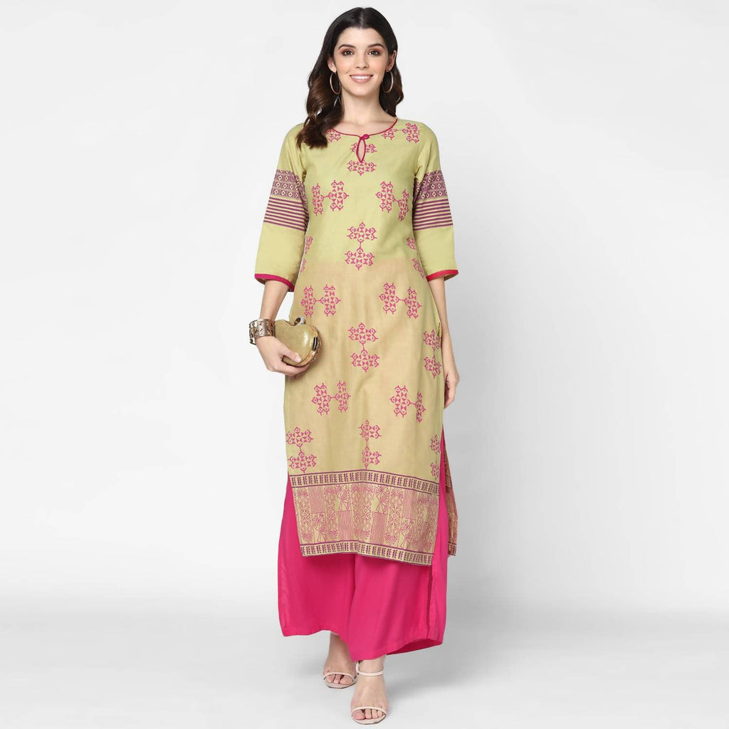 Cheera Hand Block Print Green & Pink Straight Kurta With Palazzo (MAAI-079K) | Grocsy