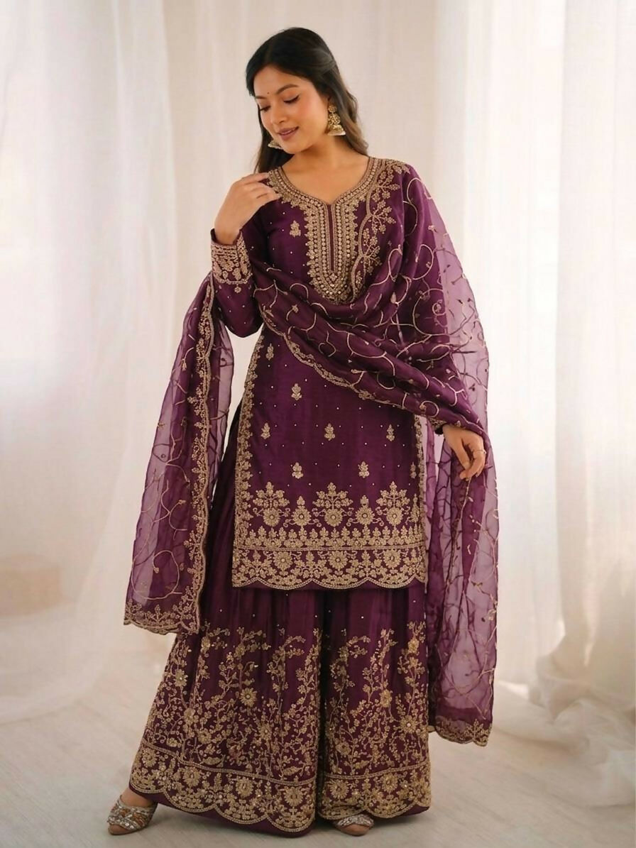 Teeya Creation Wine Color Gymmi Silk Embroidery Work Wedding Wear Sharara Set | Grocsy
