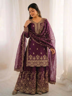 Teeya Creation Wine Color Gymmi Silk Embroidery Work Wedding Wear Sharara Set | Grocsy