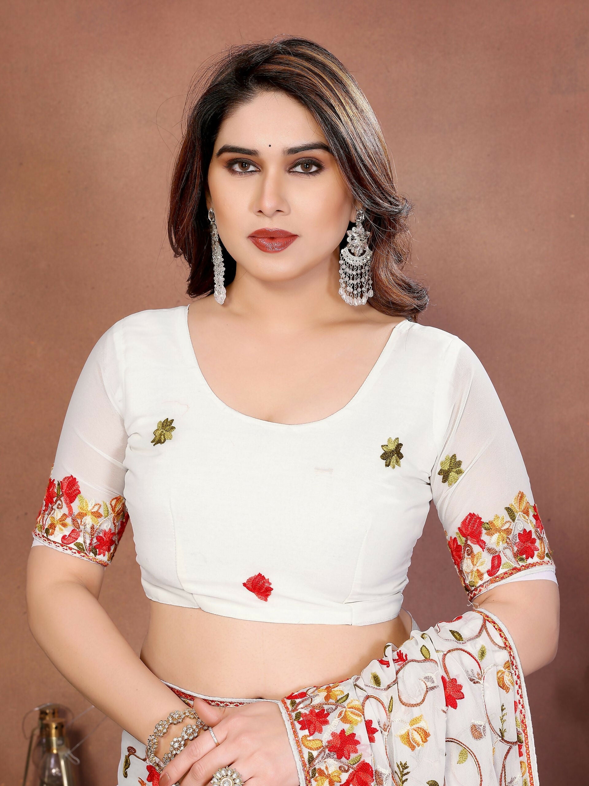 Teeya Creation New Womens Latest Wedding Wear Georgette Saree-White | Grocsy