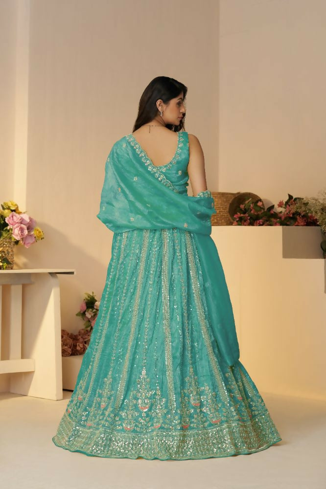 Kesar Fab Sky-Blue Silk Hand_Woven Lehenga | Grocsy