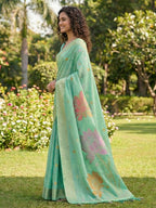 Shree Shyam Fashion Sea Green Linen Cotton Saree | Grocsy