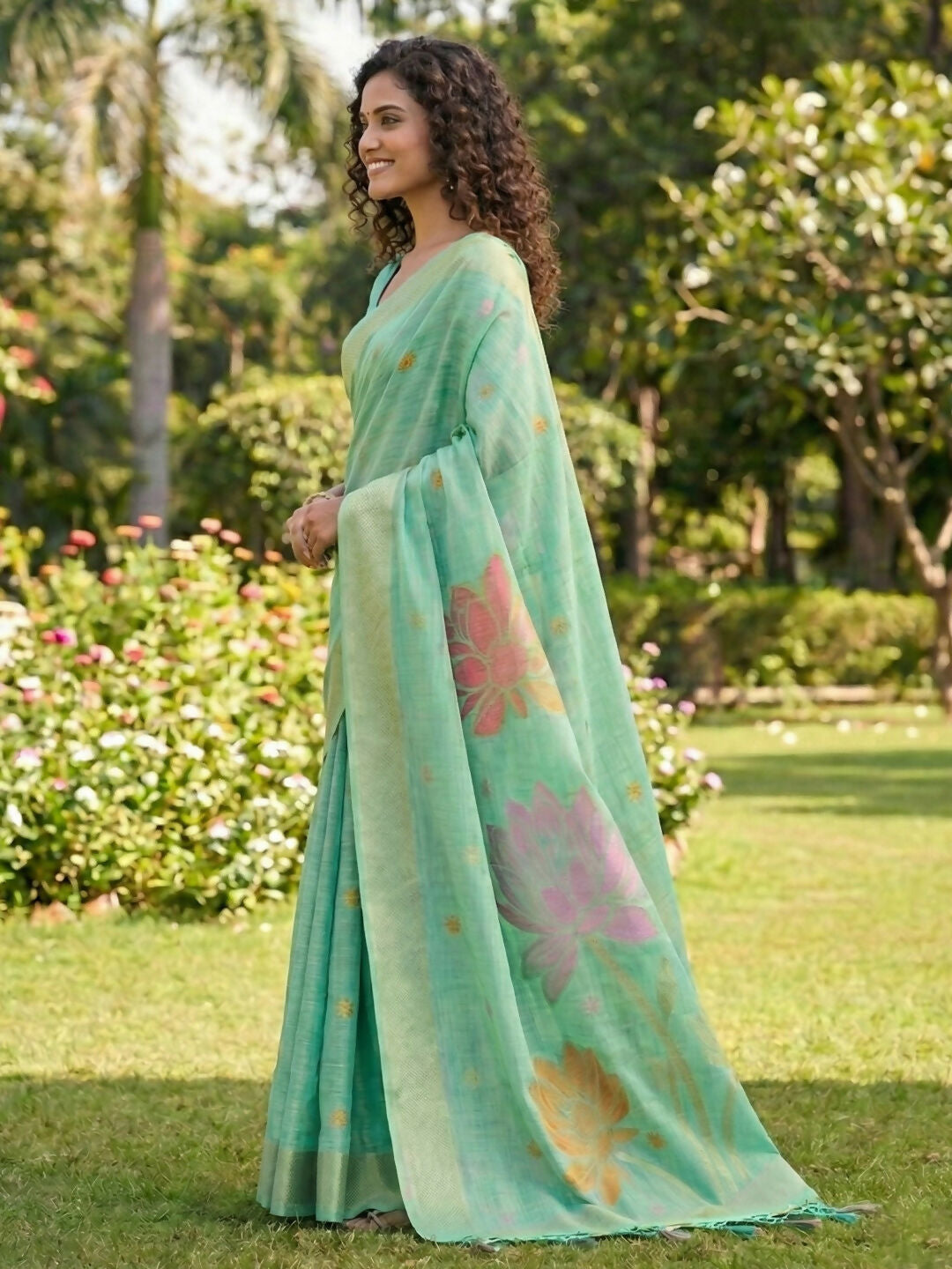 Shree Shyam Fashion Sea Green Linen Cotton Saree | Grocsy