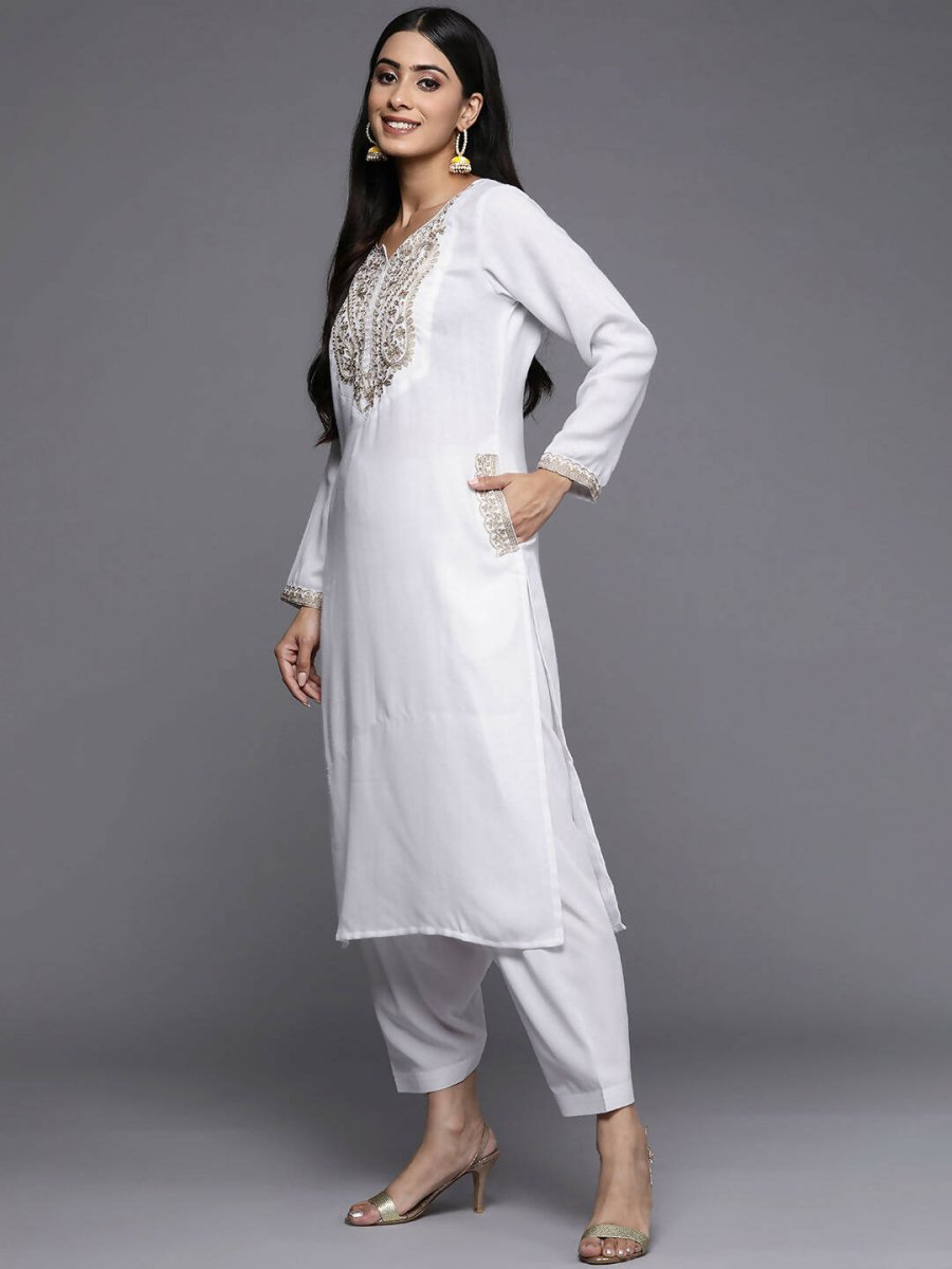 Ahalyaa Women White Ethnic Motifs Embroidered Aari Work Pashmina Kurta with Salwar & With Dupatta | Grocsy