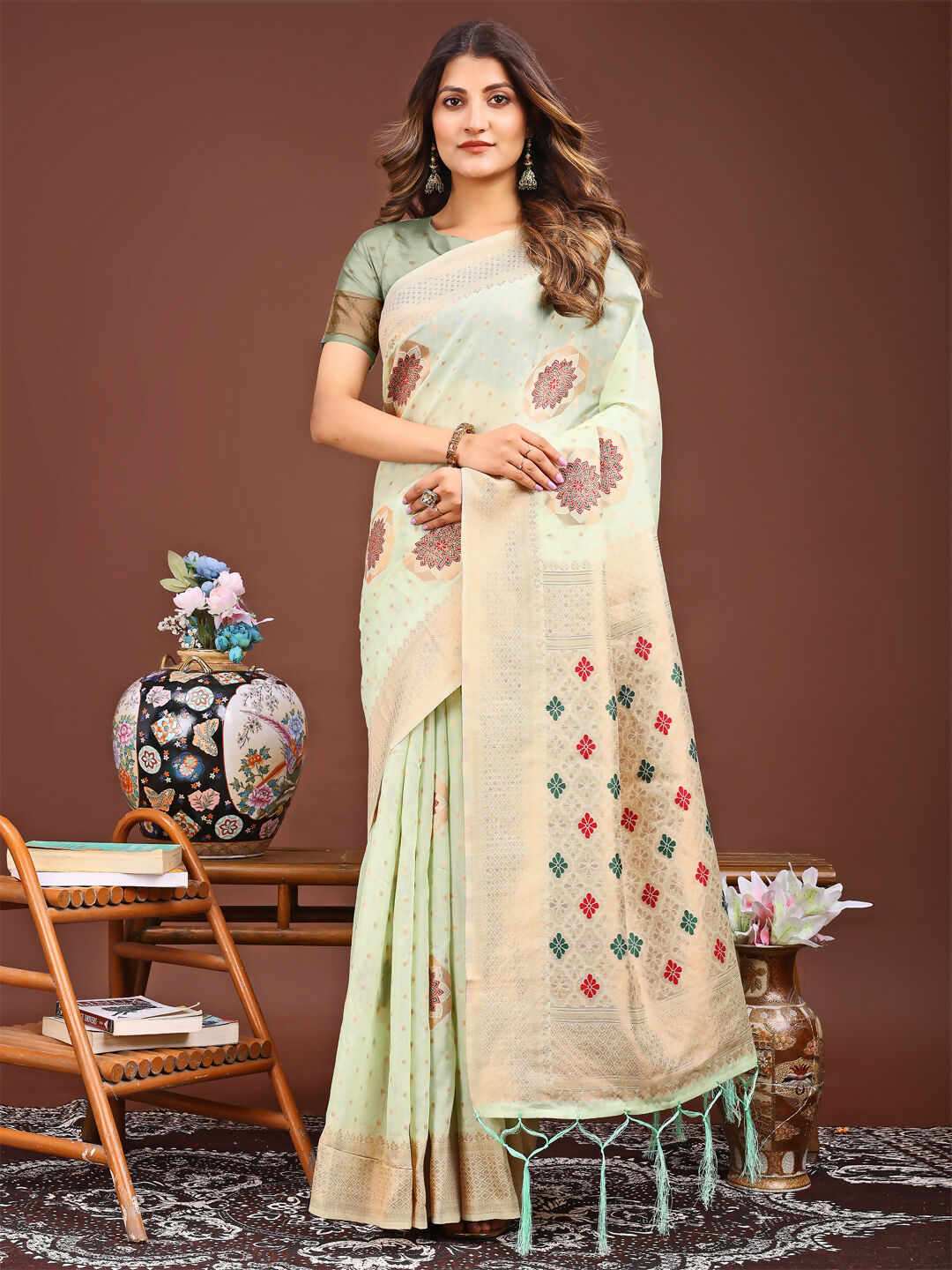 Shree Shyam Fashion Neerja Sea Green Linen Cotton Saree | Grocsy