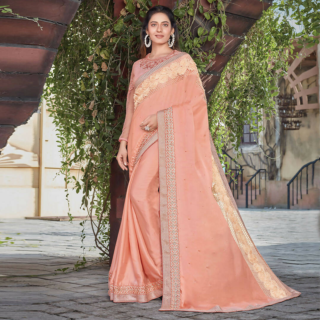 Peach Colored Satin Silk Embroidered Saree With Blouse - Norita Royal Adveka | Grocsy