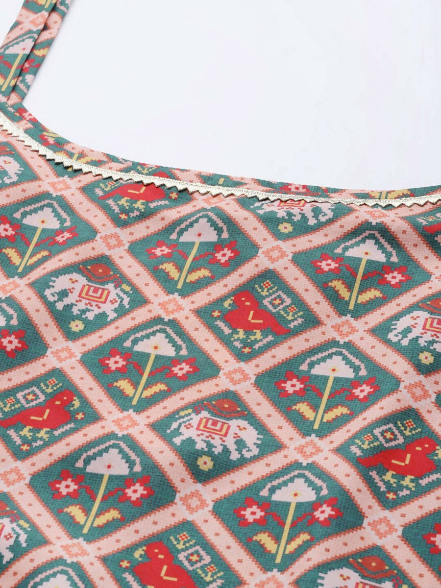Ahalyaa Women Green & Red Ethnic Motifs Print Kurti with Sharara & Dupatta | Grocsy
